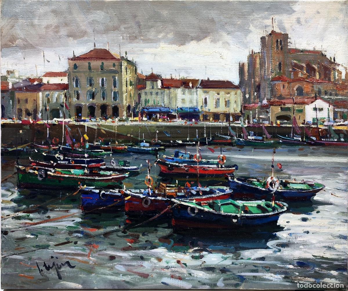 Arte: &Oacute;leo de Ignacio Tejon. Puerto con barcas. 55 x 46 cm
