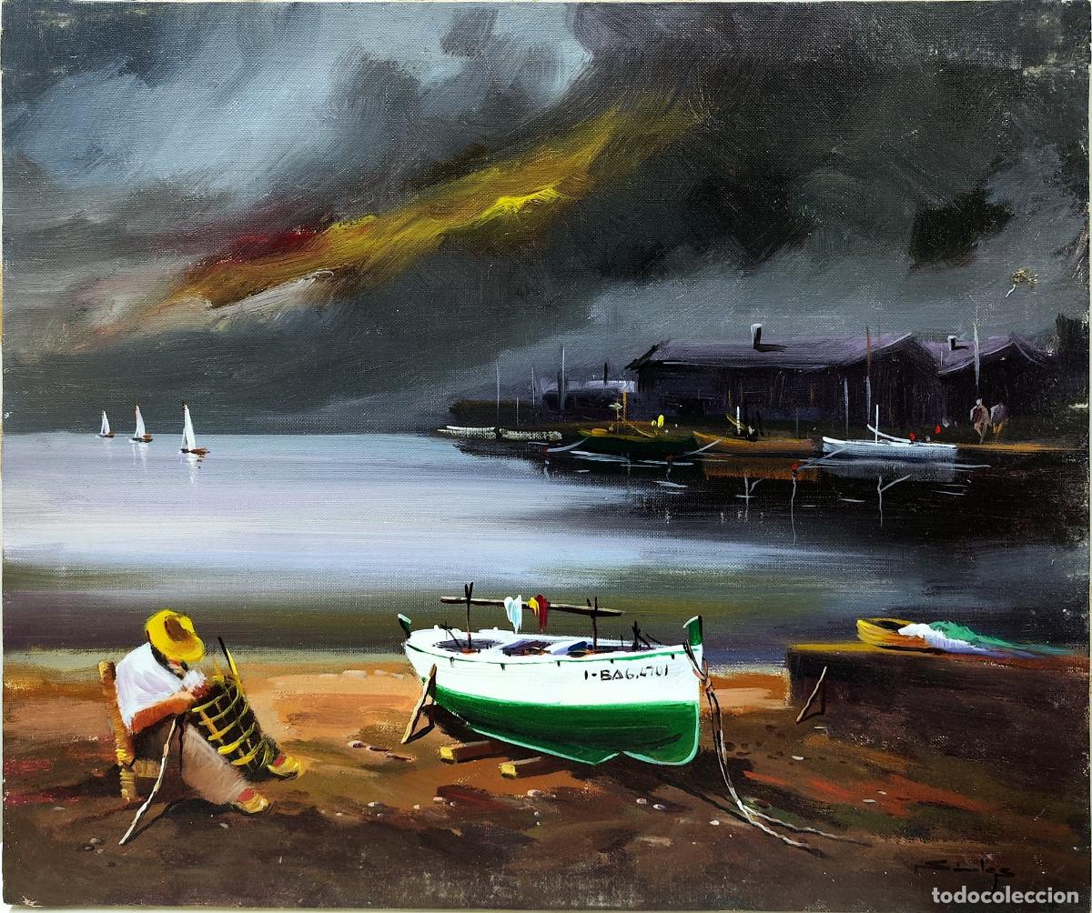 Arte: &Oacute;leo sobre lienzo. Marinera con pescador y embarcaci&oacute;n. Firmada. 55 x 46 cm
