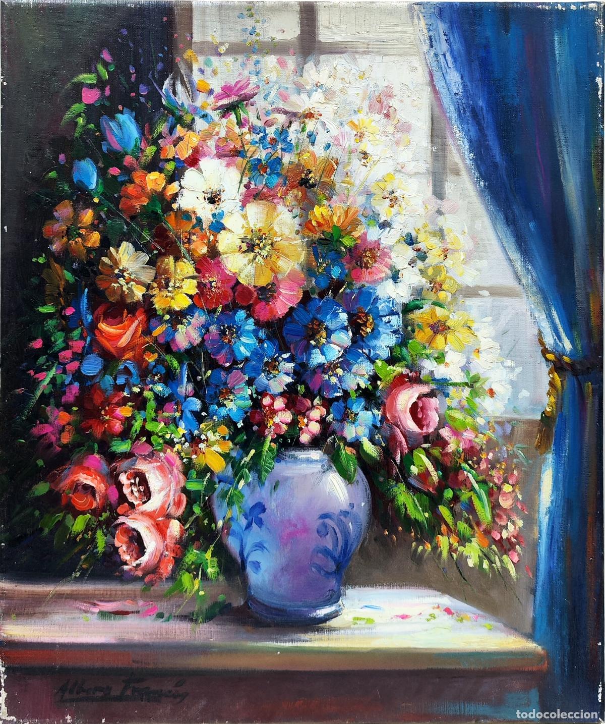 Arte: &Oacute;LEO. Bodeg&oacute;n de flores y jarr&oacute;n. Albero Franc&eacute;s. 46x55 cm