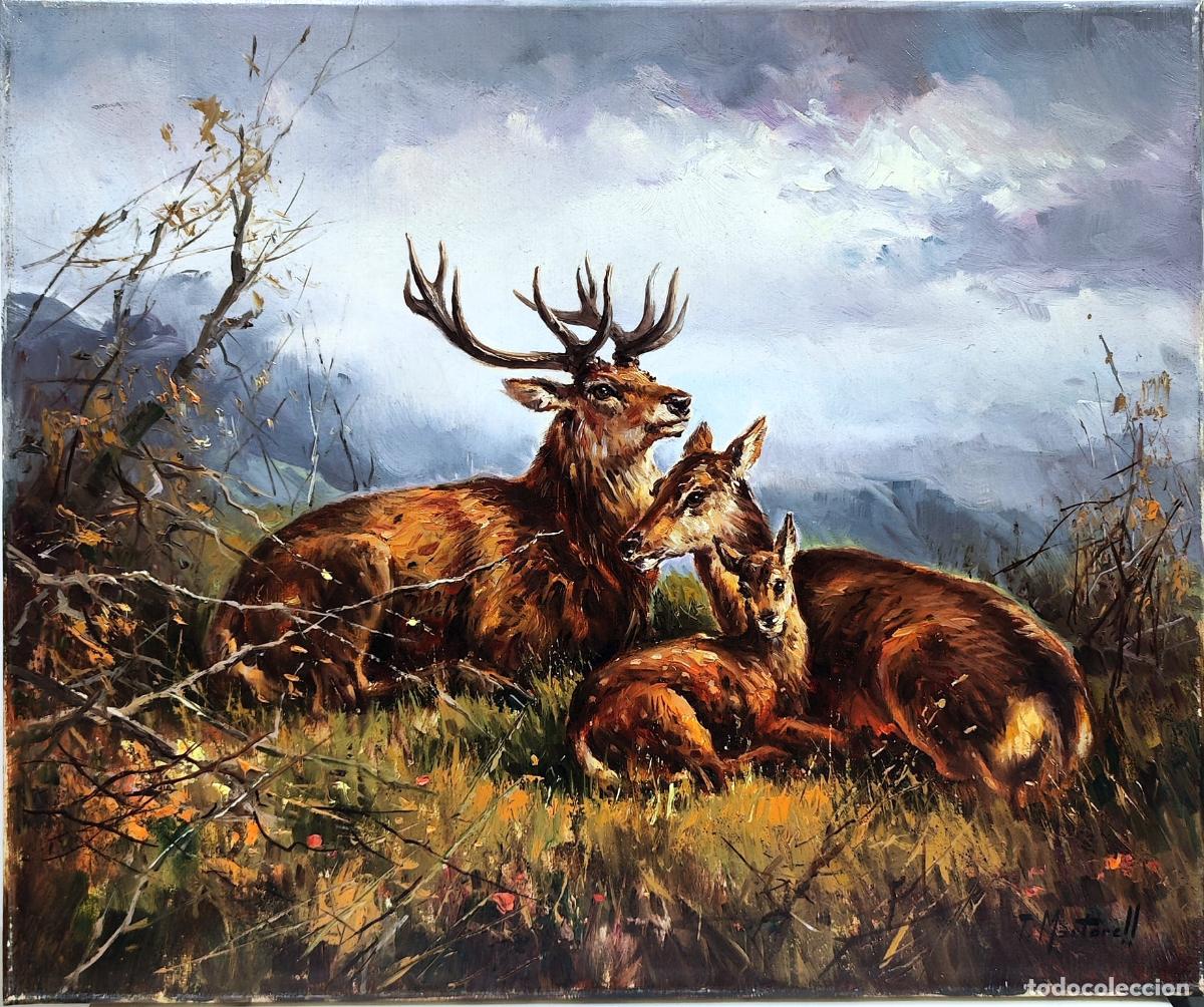 Arte: &Oacute;leo de ciervos en paisaje de Tom&aacute;s Martorell. 55 x 46 cm