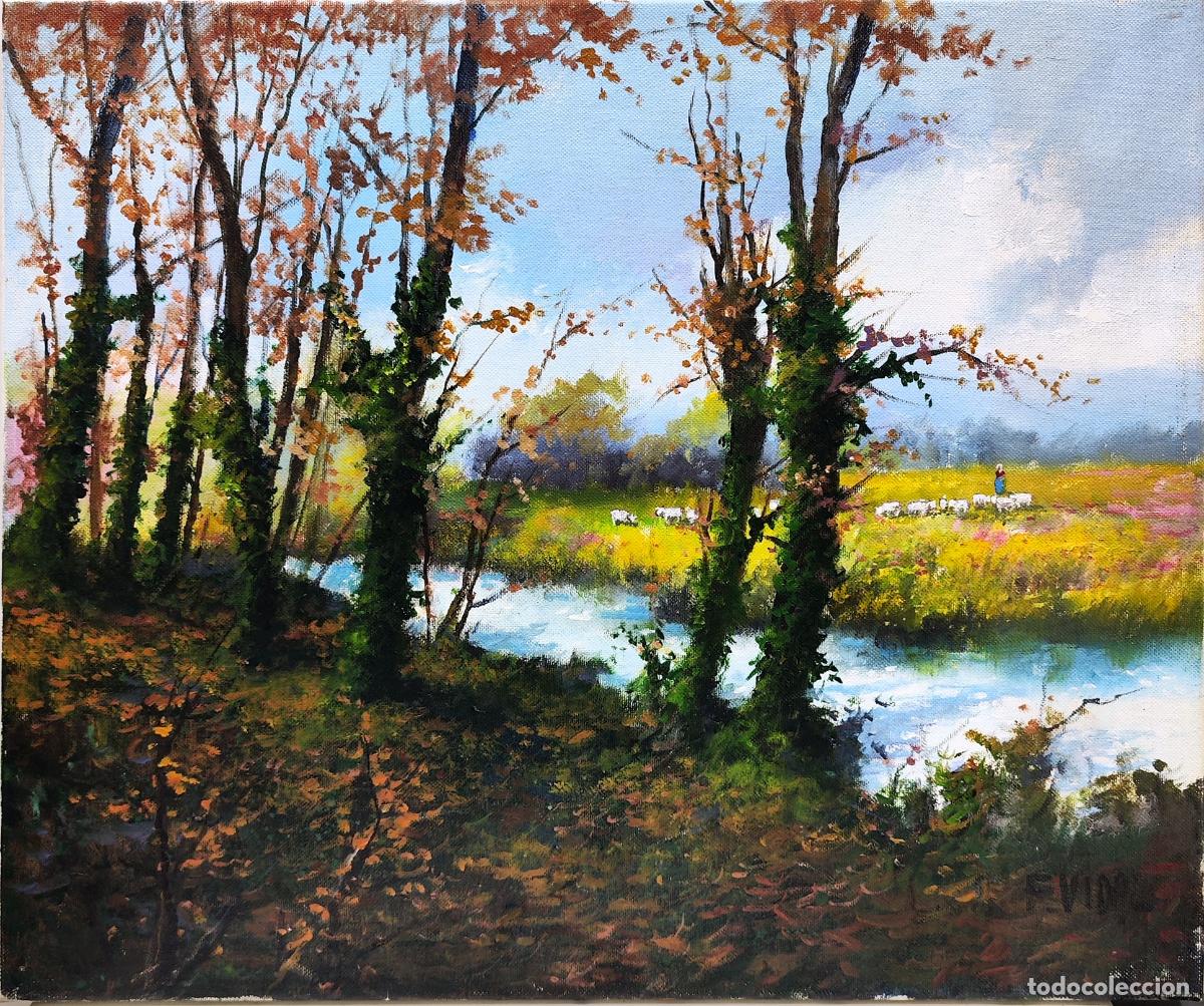 Arte: &Oacute;leo sobre lienzo. Paisaje con r&iacute;o. Francisco Vidal. 55x46 cm