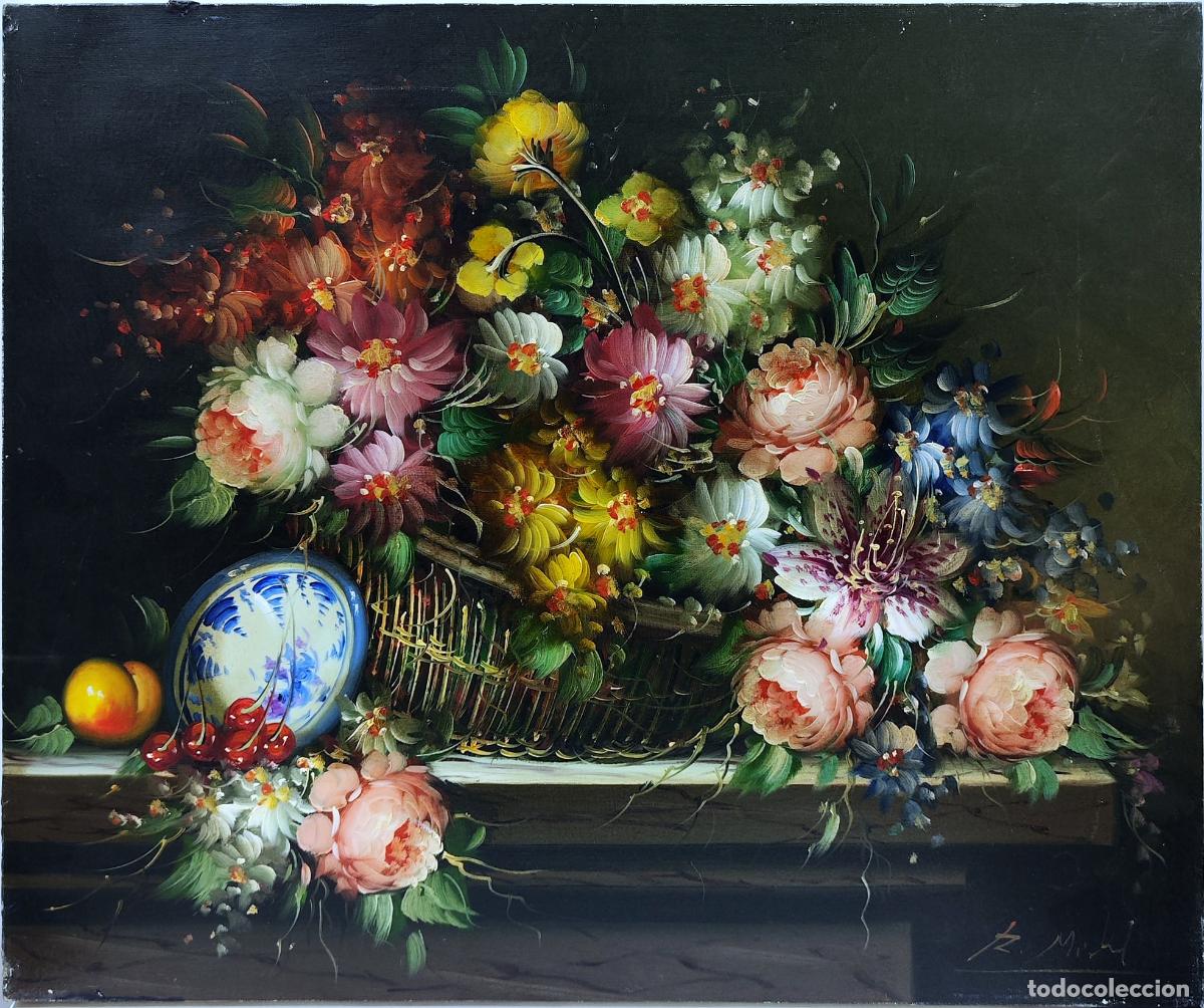 Arte: &Oacute;leo de R Michael. Naturaleza muerta de flores y frutas. 55 x 46 cm