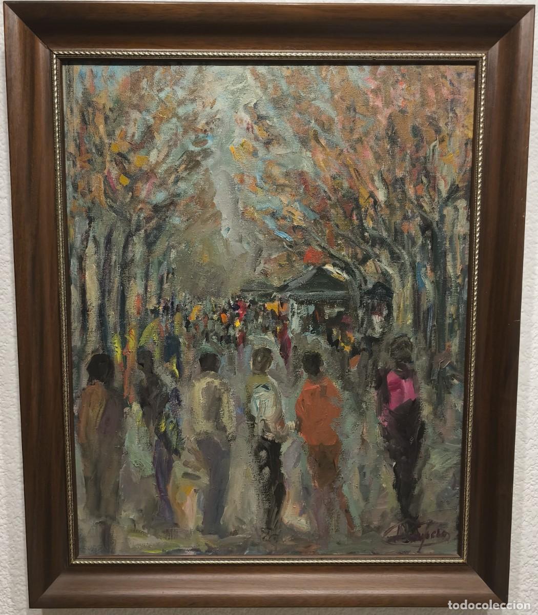 Arte: Luciano Couselo. Lloviendo en Las Ramblas. &Oacute;leo sobre lienzo.
