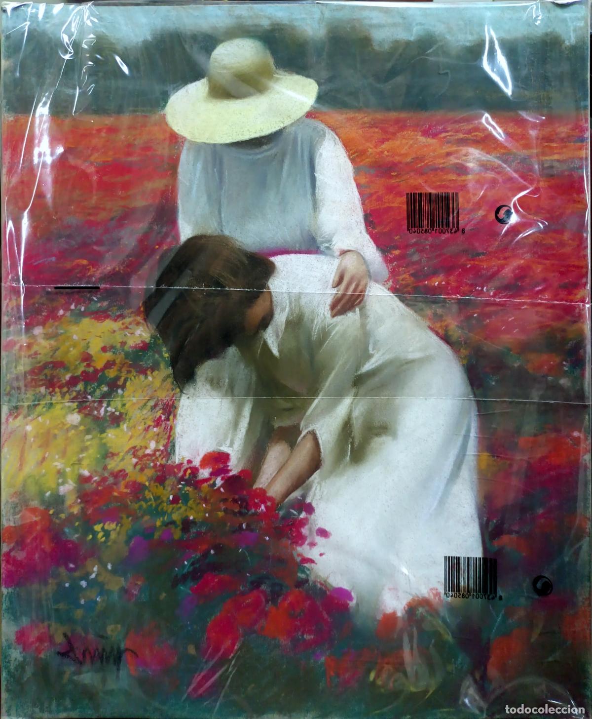 Arte: &Oacute;leo de Domingo &Aacute;lvarez G&oacute;mez. Dos figuras en campo de flores. 37,5 x 45,5 cm