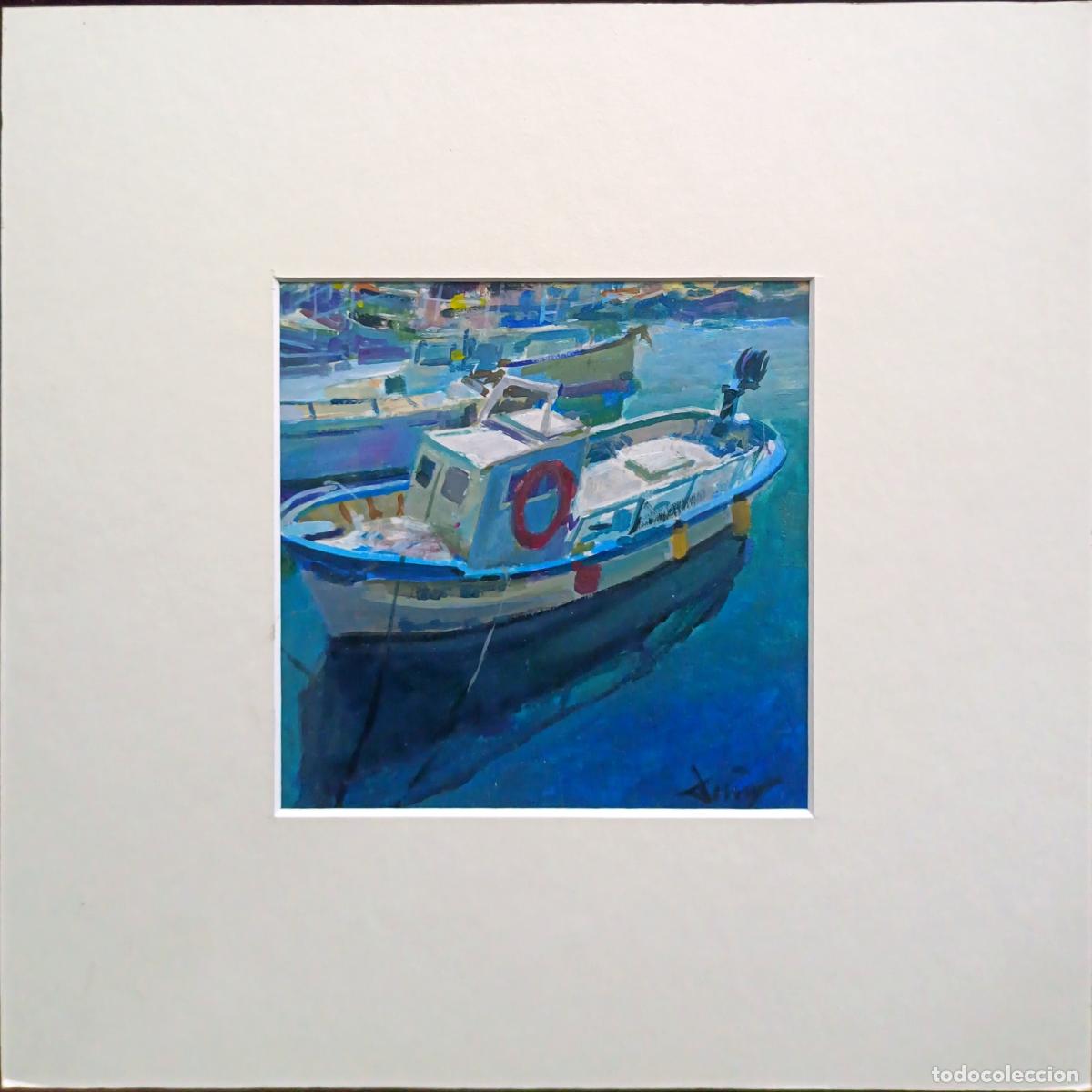 Arte: &Oacute;leo. Barco de pesca. Domingo &Aacute;lvarez G&oacute;mez. 13,5 x 13,5 cm