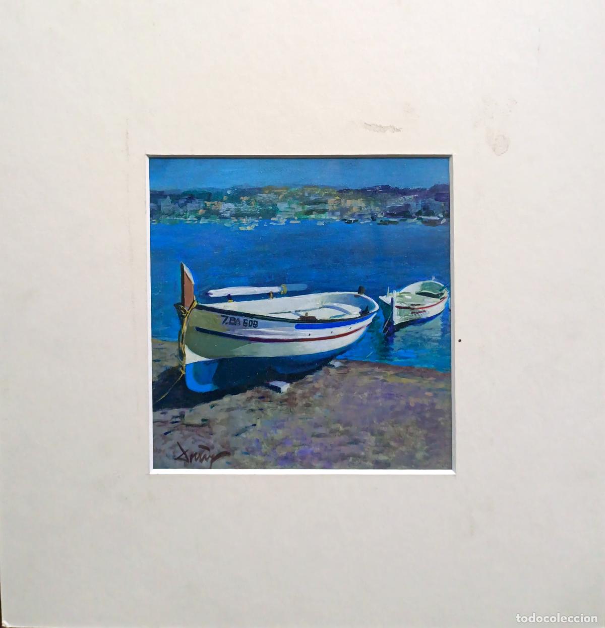 Arte: &Oacute;leo de Domingo &Aacute;lvarez G&oacute;mez. Barcos en puerto. 13,5 x 14 cm