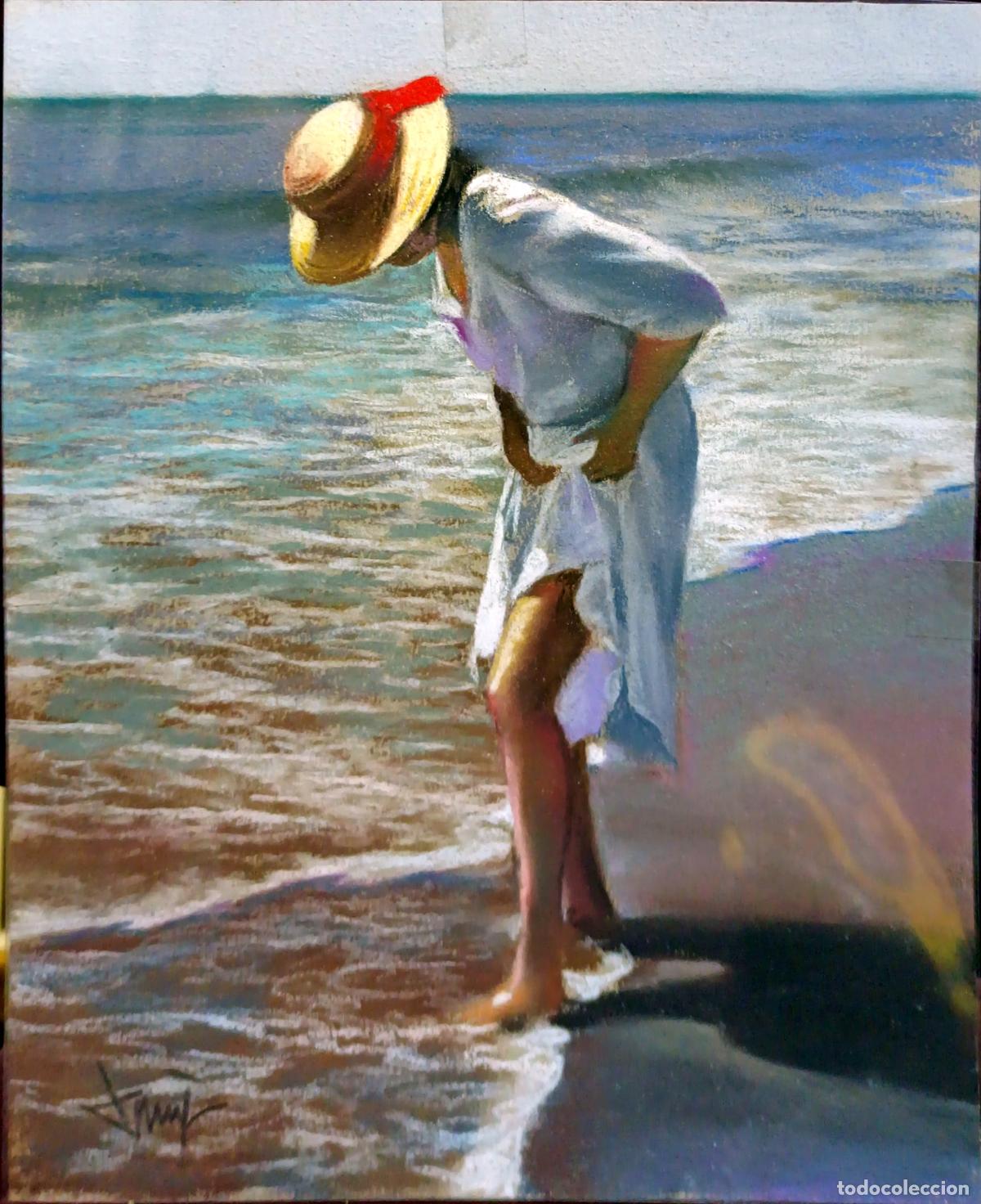 Arte: Pastel de Domingo &Aacute;lvarez G&oacute;mez. Mujer en la playa. 22x27 cm