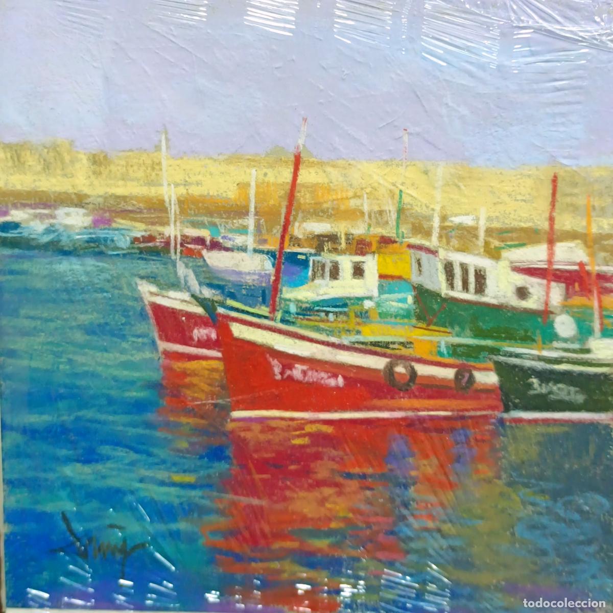 Arte: Pastel de Domingo &Aacute;lvarez G&oacute;mez. Barcos en puerto. 20x20 cm