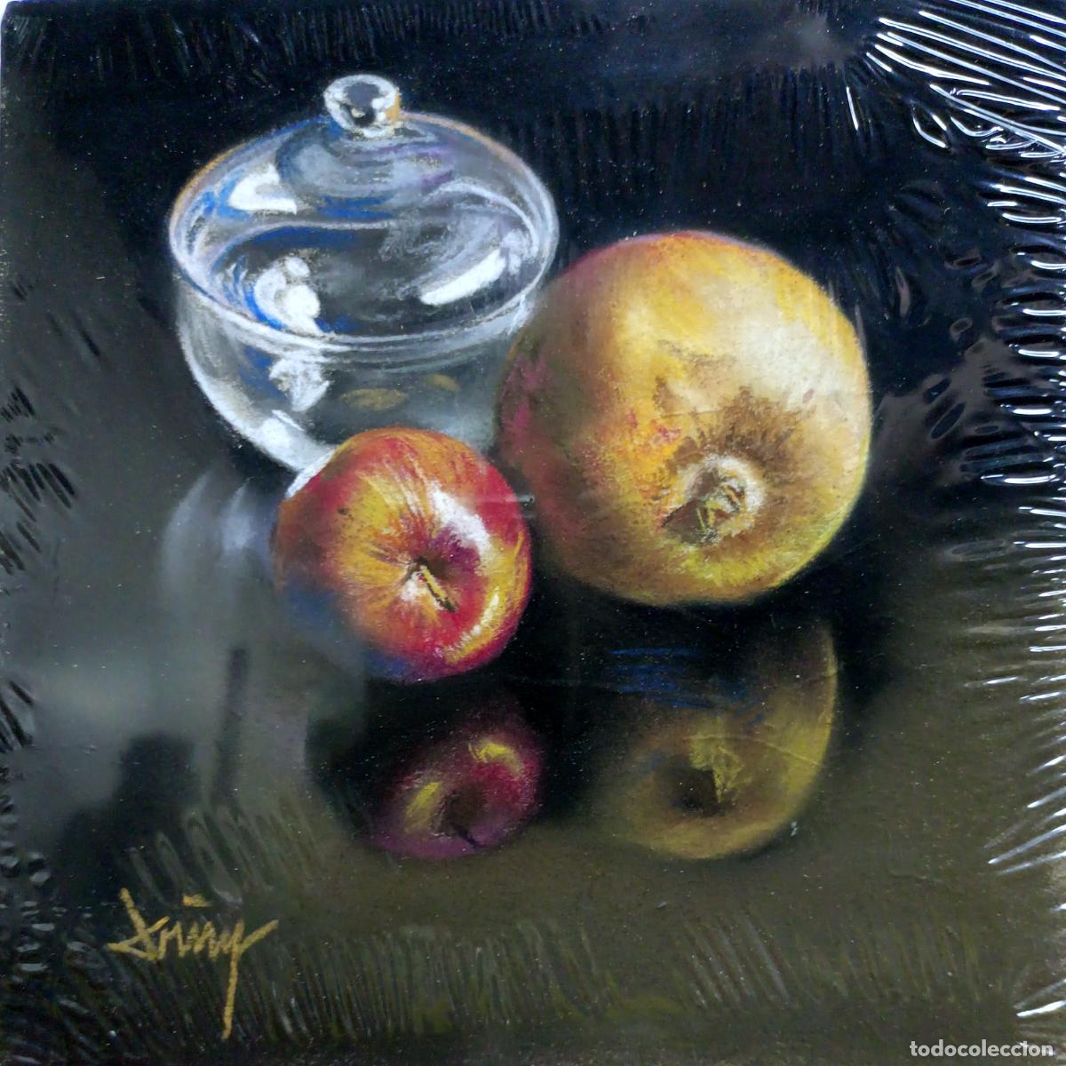 Arte: Pastel de Domingo &Aacute;lvarez G&oacute;mez. Naturaleza muerta con frutas y cristal. 20x20