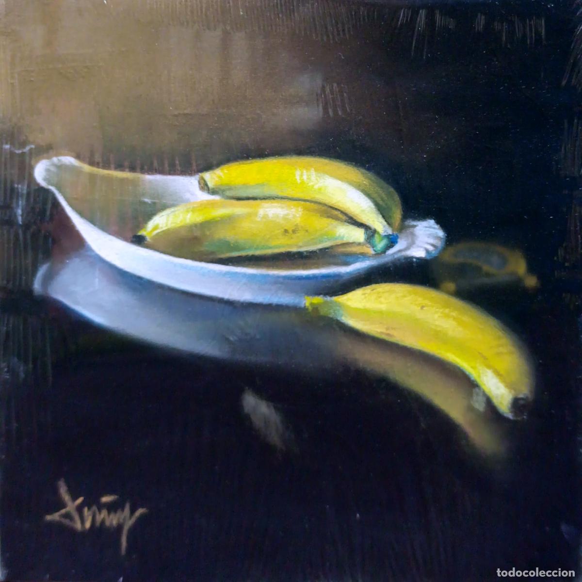 Arte: Pastel de Domingo &Aacute;lvarez G&oacute;mez. Naturaleza muerta con pl&aacute;tanos. 20x20 cm