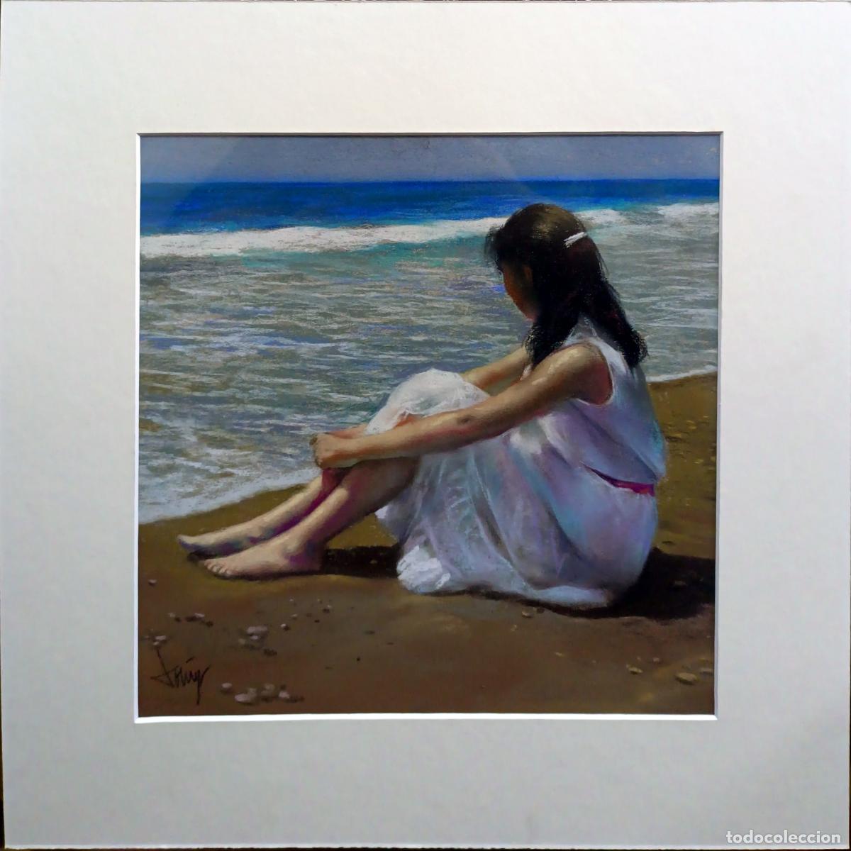 Arte: Pastel. Ni&ntilde;a en la playa. Domingo &Aacute;lvarez G&oacute;mez. 27x27 cm