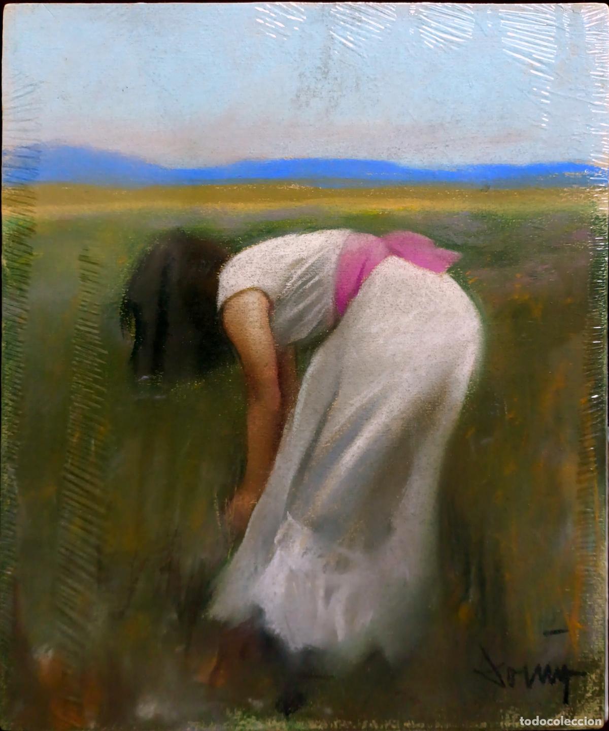 Arte: &Oacute;leo sobre tabla. Mujer en el campo. Domingo &Aacute;lvarez G&oacute;mez. 22,5x27 cm