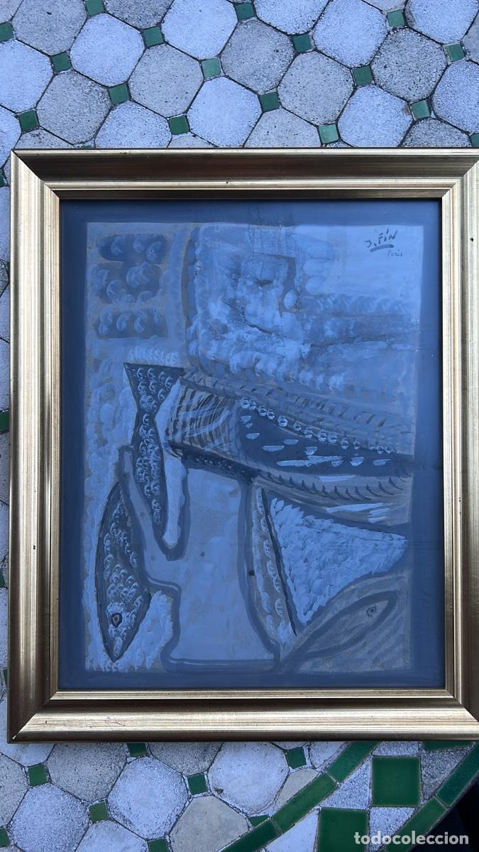 Arte: Pintura / Guache sobre papel - J. F&iacute;N (Jos&eacute; Vilat&oacute; Ruiz, 1916-1969) - Bodeg&oacute;n con peces, Par&iacute;s - Fir