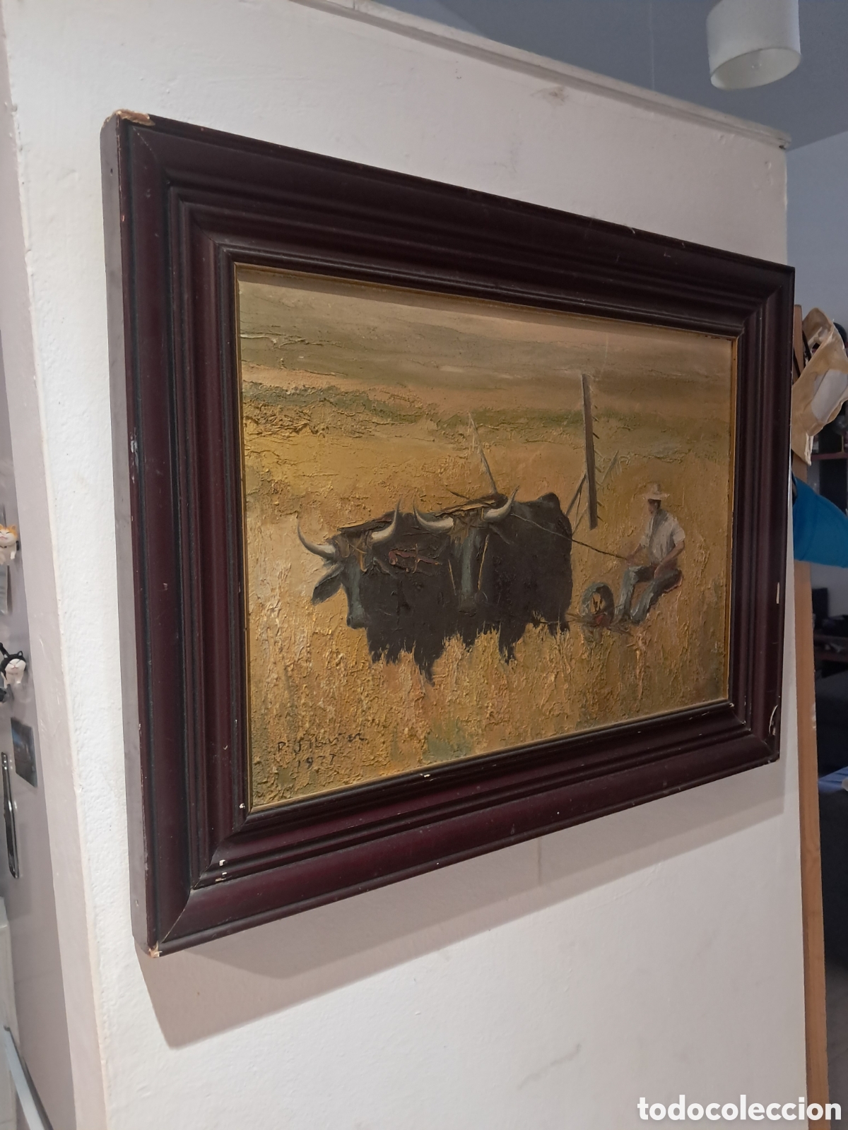 Arte: &Oacute;leo original &rdquo;Campesino con bueyes&rdquo; (1977) - Firmado P.J. Ib&aacute;&ntilde;ez