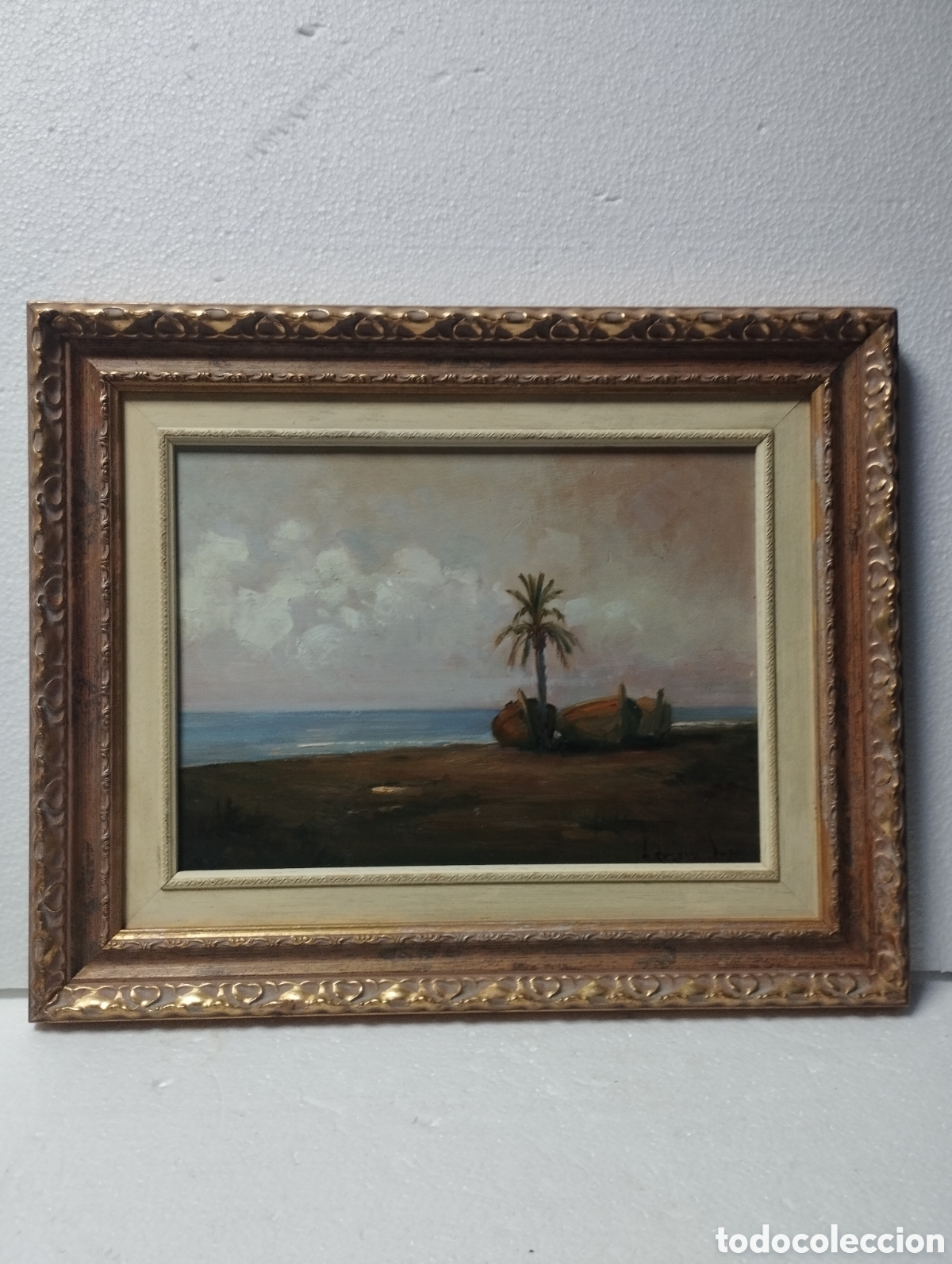 Arte: OLEO SOBRE TABLEX PLAYA CON PLAMERA, EDUARDO RODRIGUEZ SAMPER, ELCHE 1922-2018. MEDIDA OLEO 24X33 CM