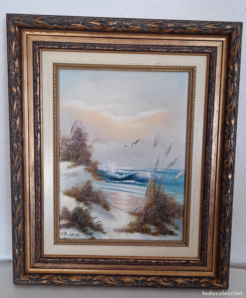 Arte: &Oacute;leo sobre lienzo firmado C. Rocamora marco de madera marina paisaje gaviotas lienzo 40x30 cm