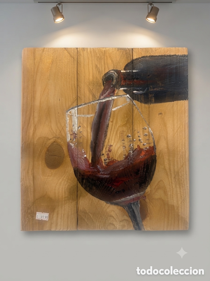 Arte: Cuadro original pintura sobre madera r&uacute;stica - Servir vino tinto / Copa y botella (31x28 cm)