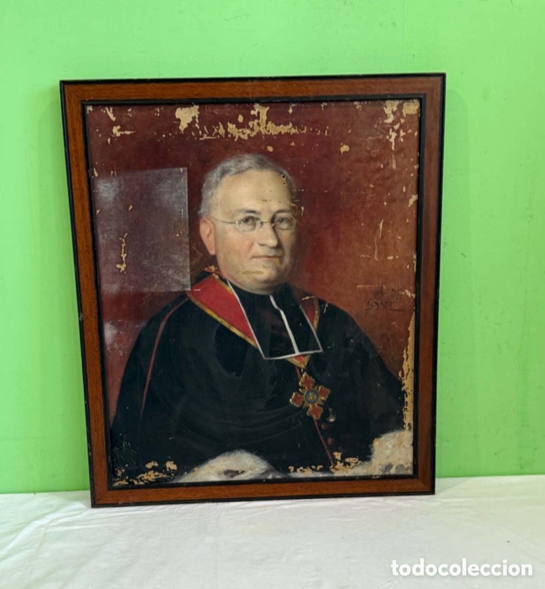 Arte: Antiguo retrato eclesi&aacute;stico &oacute;leo sobre lienzo firmado escuela catalana para restaurar