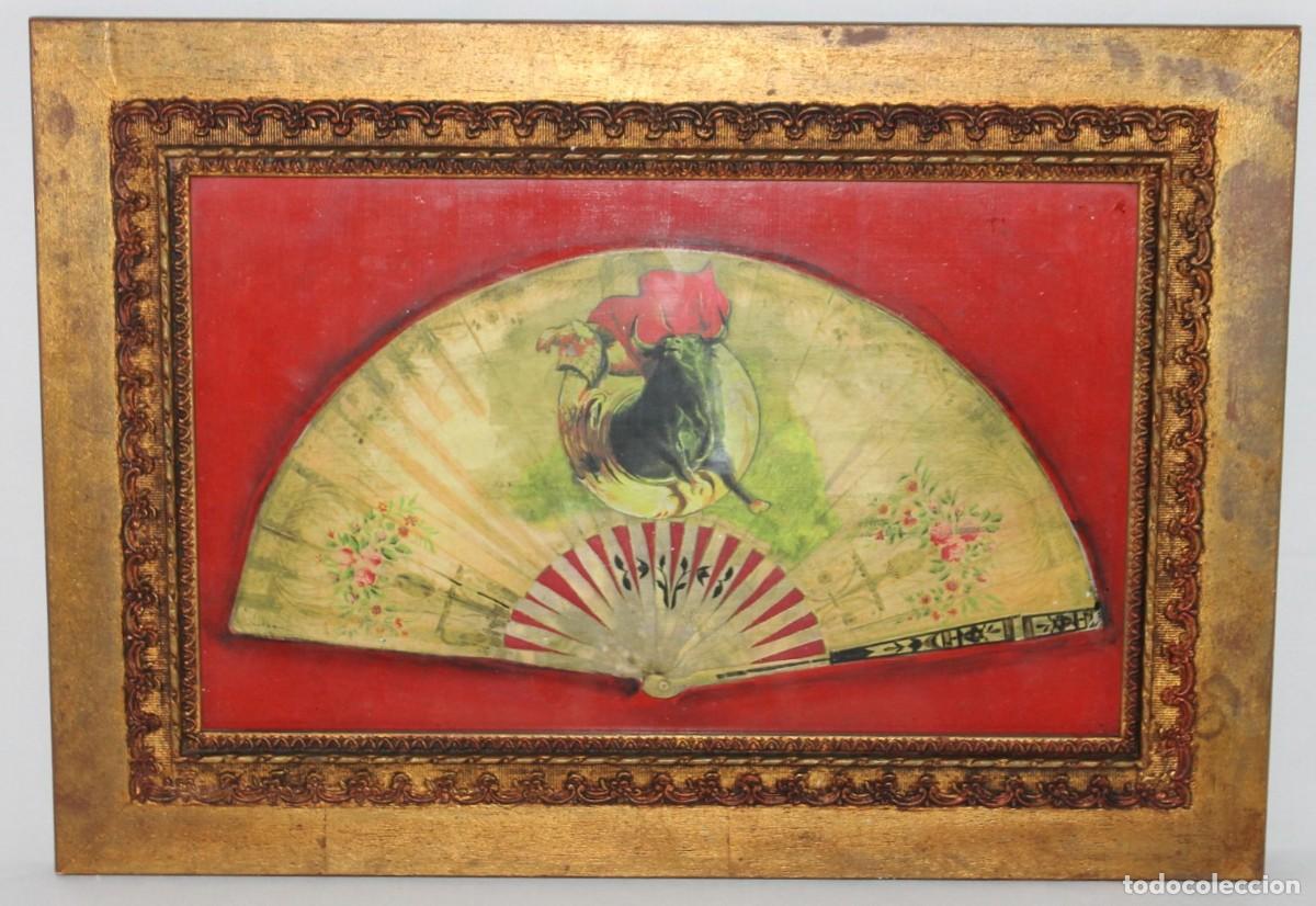 Arte: Pintura al &oacute;leo representando abanico con escena taurina. Enmarcado. Siglo XX
