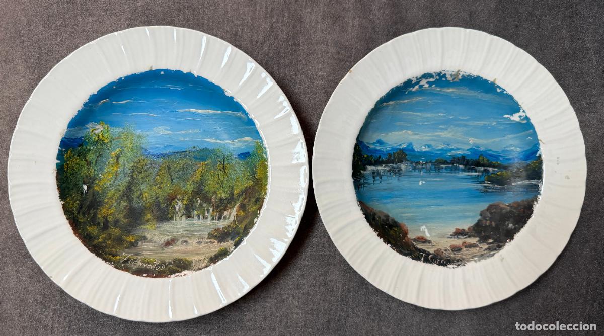 Arte: 2 platos pintados al &oacute;leo , firmados J. Cerrato , vistas , paisajes , 1975 aprox.