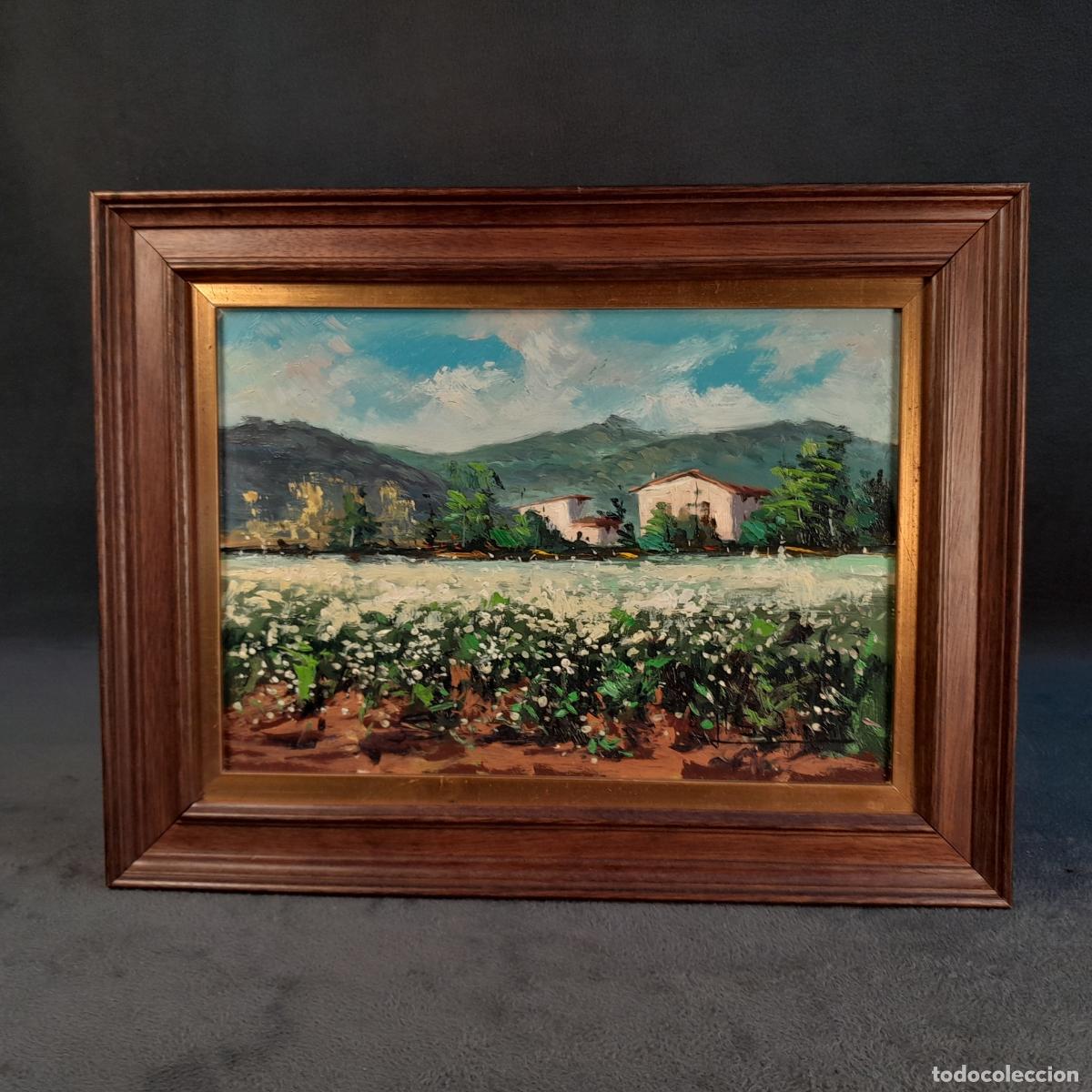 Arte: D-345.PINTURA AL &Oacute;LEO SOBRE TABLA CON PAISAJE DE MONTA&Ntilde;A Y FLORES. LL.SADURN&Iacute;. MEDIADOS S.XX