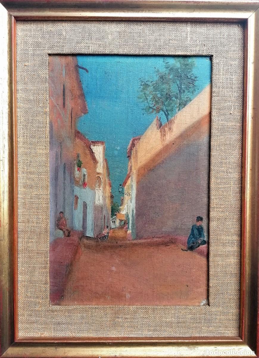 Arte: Escuela catalana (Reus) finales s.XIX, &oacute;leo/tela/tabla 27 x 18 cm. Calle de pueblo. Con marco.