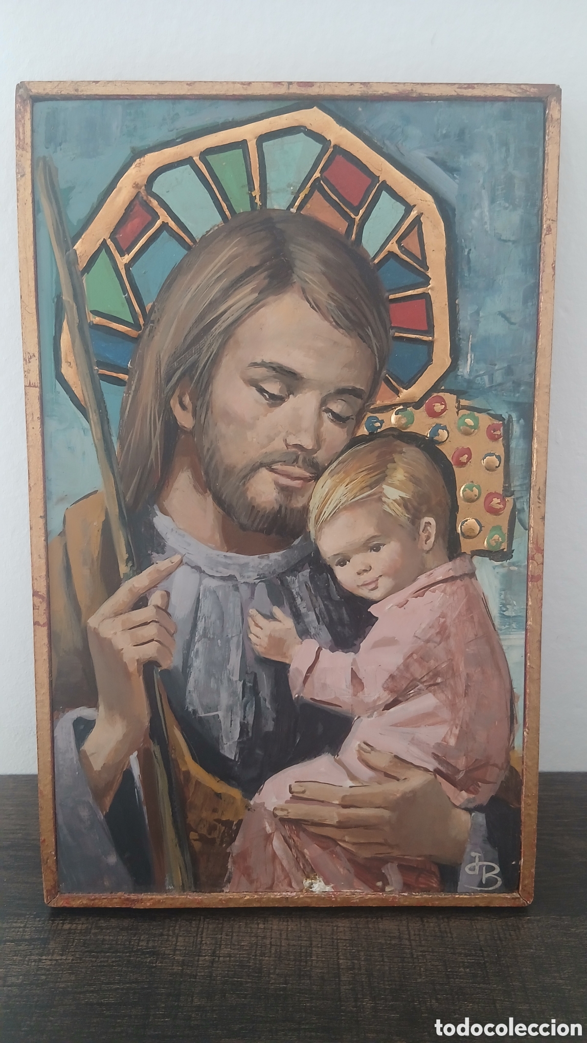Arte: Cuadro antiguo religioso. Jes&uacute;s (o San Jos&eacute;) con el Ni&ntilde;o Jes&uacute;s, fondo de vidriera.