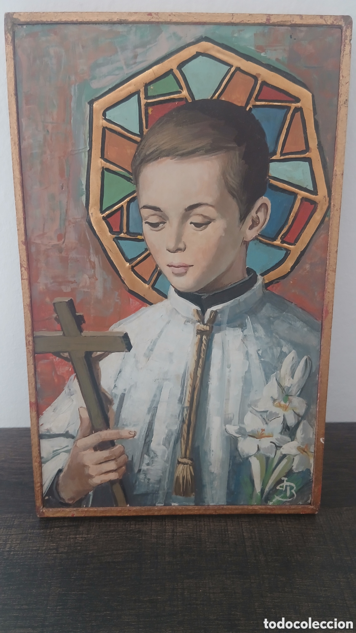 Arte: Antiguo cuadro religioso pintado a mano. &Oacute;leo sobre panel de madera.