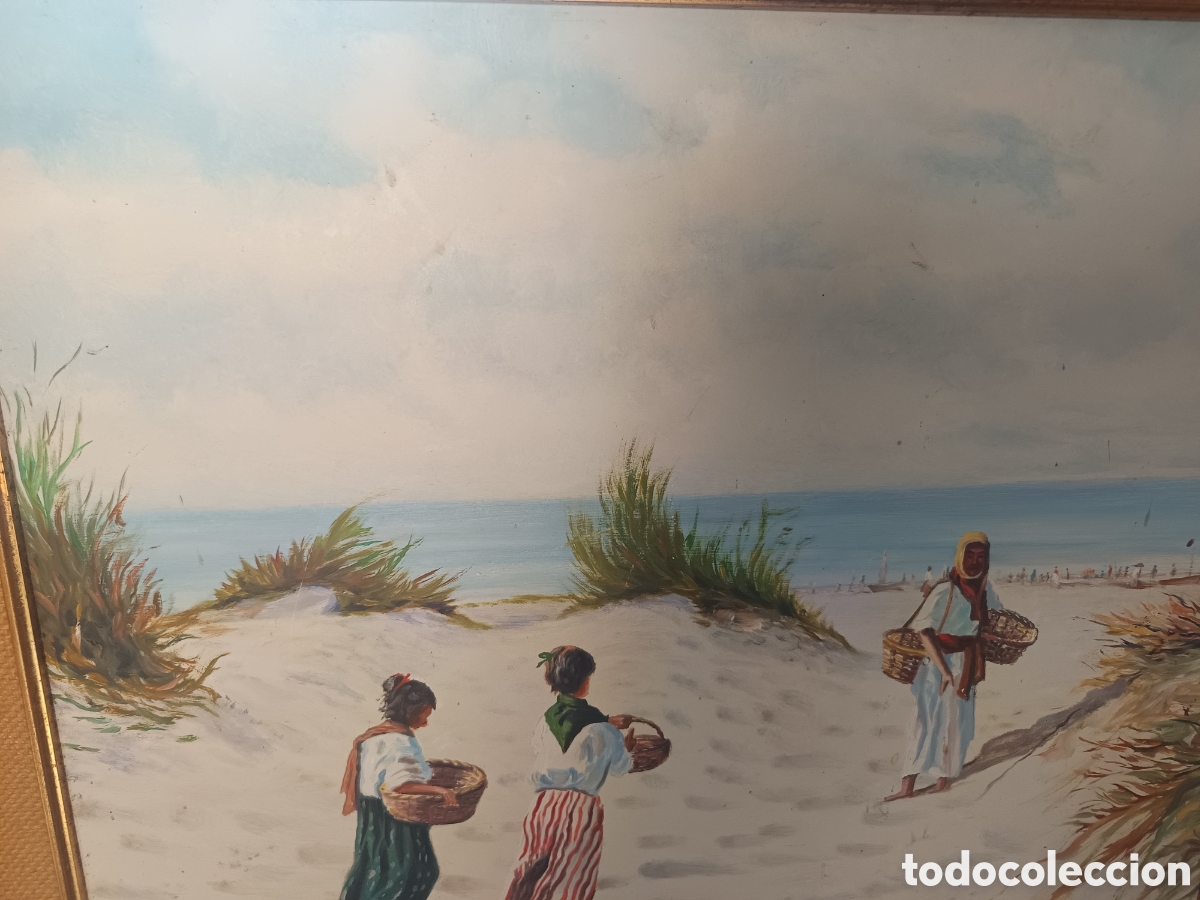 Arte: Bello oleo sobre lienzo de J.Navarro gitanos bereberes vendiendo cestos en la playa