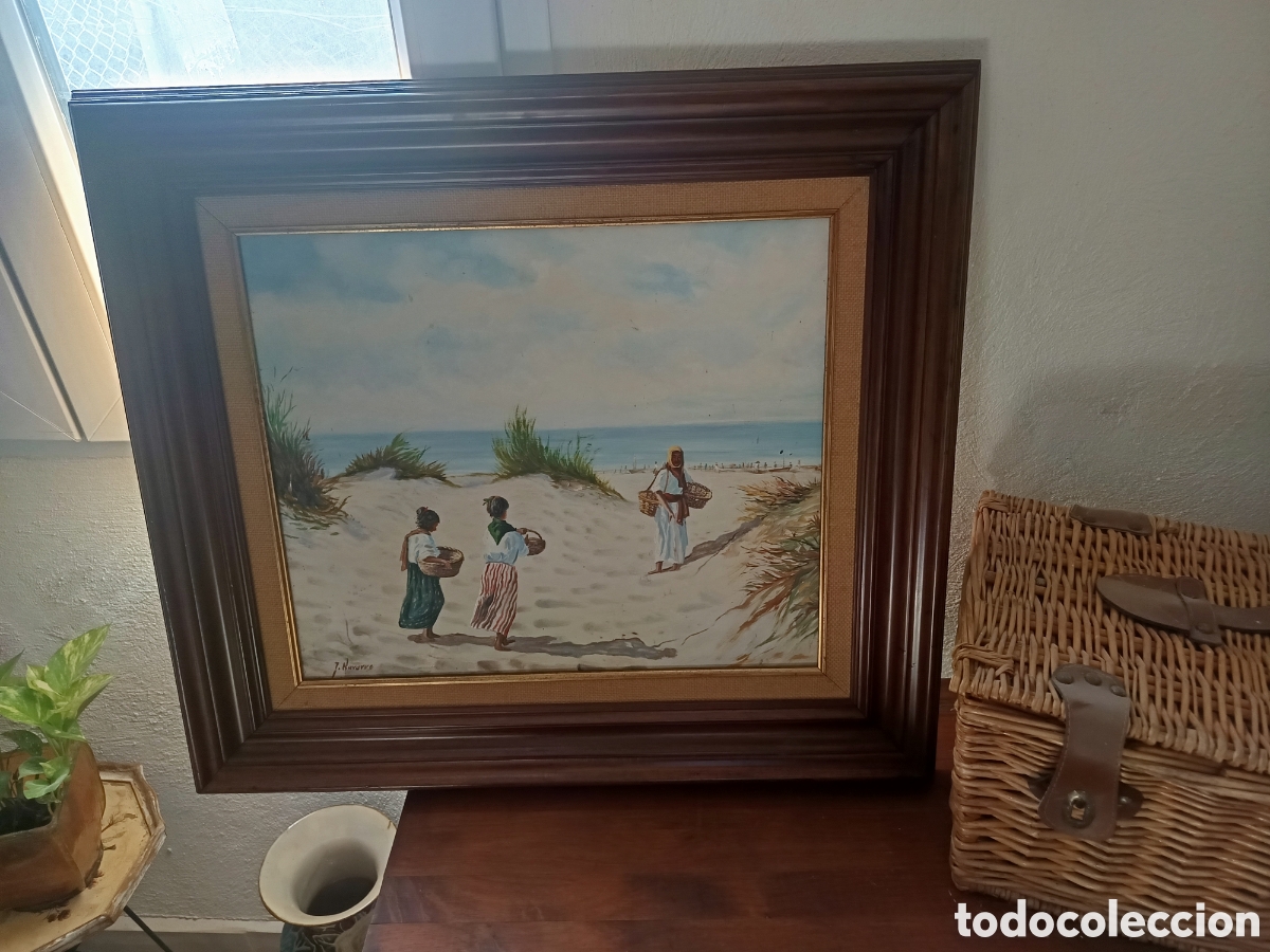 Arte: Bello oleo sobre lienzo de J.Navarro gitanos bereberes vendiendo cestos en la playa