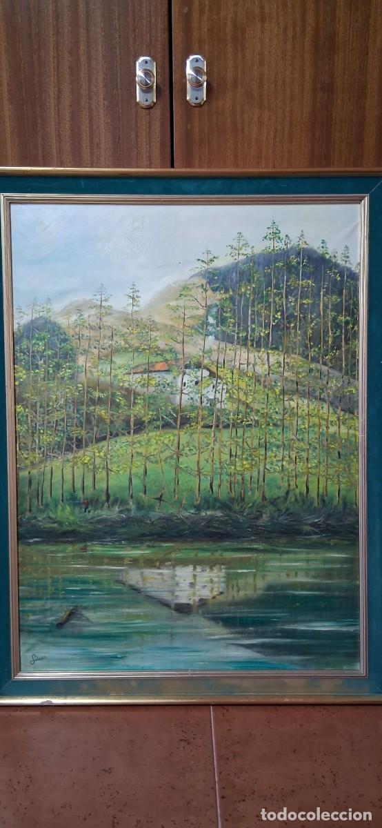 Arte: &Oacute;LEO SOBRE LIENZO: PAISAJE VASCO CON CASER&Iacute;O Y R&Iacute;O - FIRMADO SALAVER (HONDARRIBIA, 1970)