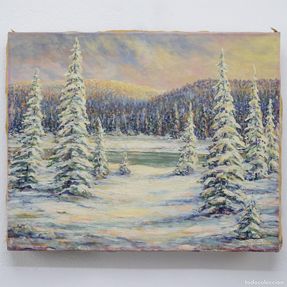 Arte: Early 20th Century European Impressionist Winter Forest Sunset Oil Canvas Signed