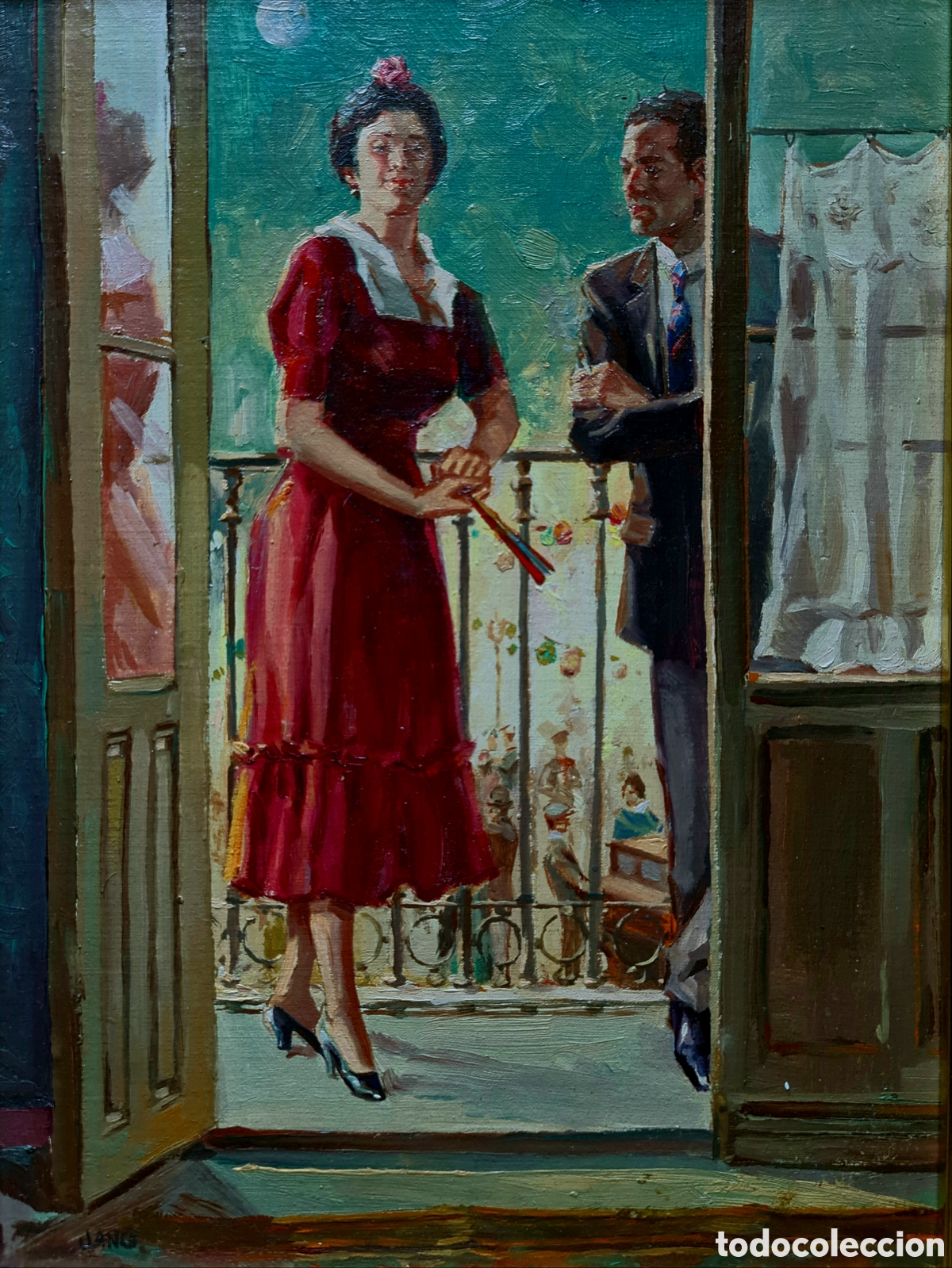 Arte: Jano () preciosa pintura original vintage, escena de Madrid, firmada.
