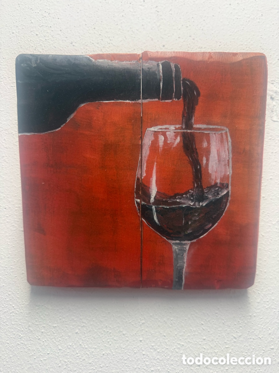 Arte: Cuadro artesanal - Botella y copa de vino - Pintado a mano sobre madera