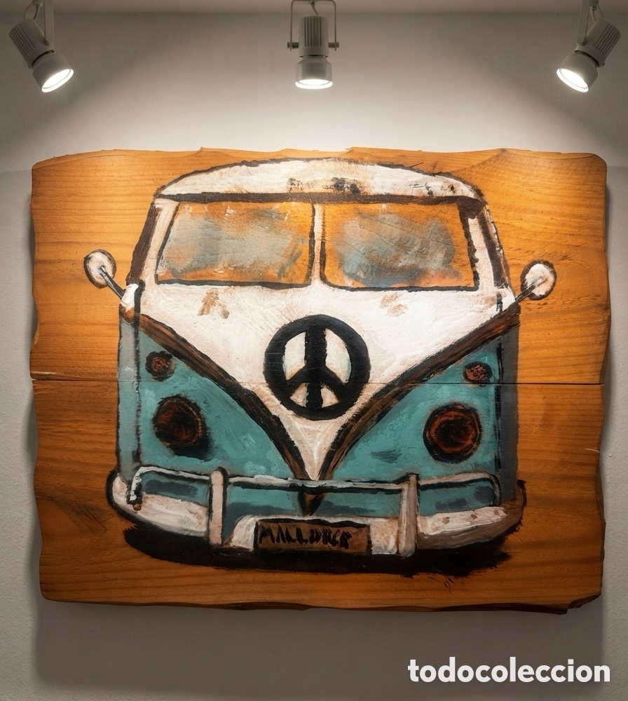 Arte: &rdquo;Cuadro artesanal furgoneta hippie estilo vintage - Madera natural - Mallorca&rdquo;