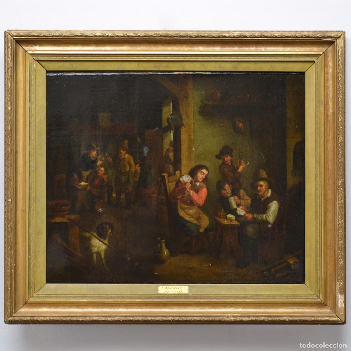 Arte: 17th Century Baroque Flemish School Tavern Genre Scene Card Players Oil Canvas