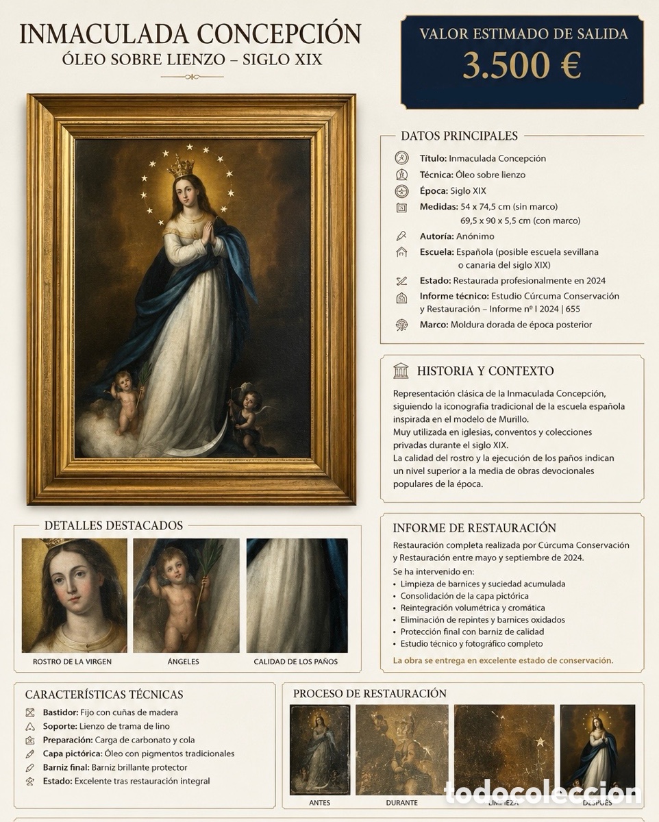 Kunst: &Oacute;leo original sobre lienzo. Pintura religiosa del siglo XIX. Restauraci&oacute;n profesional documentada.
