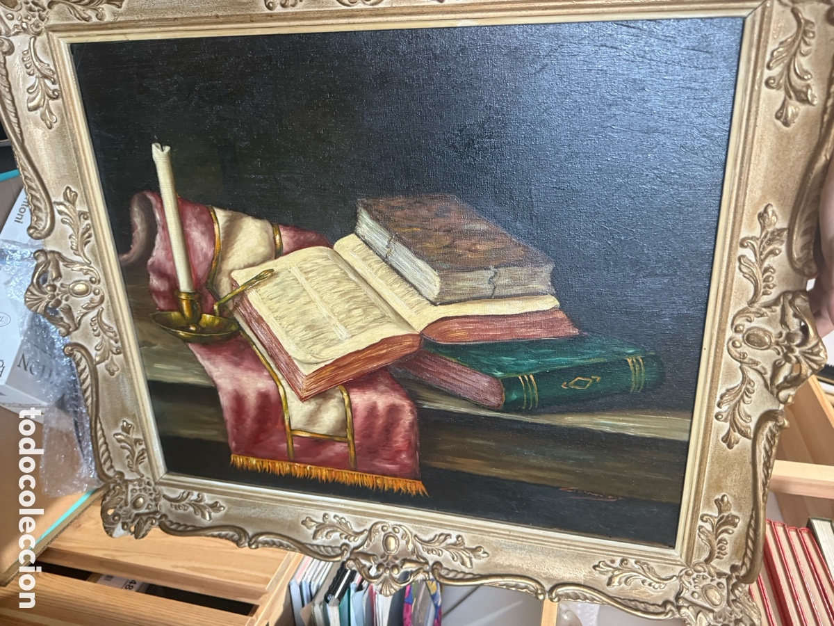 Arte: Bodeg&oacute;n de libros y escritura &ndash; &Oacute;leo sobre lienzo &ndash; Marco cl&aacute;sico dorado