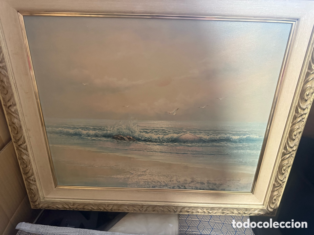 Arte: Marina con oleaje y gaviotas &ndash; Pintura sobre lienzo &ndash; Gran marco cl&aacute;sico