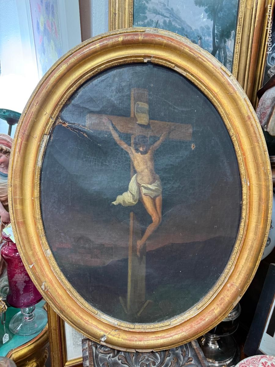 Arte: OLEO SOBRE LIENZO SIGLO XIX CRISTO CRUCIFICADO CON MARCO ISABELINO EN PAN DE ORO -MEDIDA MARCO 66X54