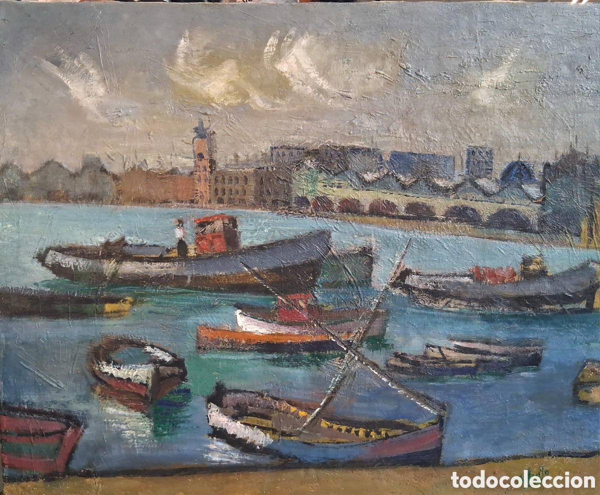 Arte: JOS&Eacute; VENTO RUIZ (Valencia,1925-Madrid,2005) &rdquo;Puerto de Valencia &rdquo; &oacute;leo sobre lienzo (81 x 100) 1950
