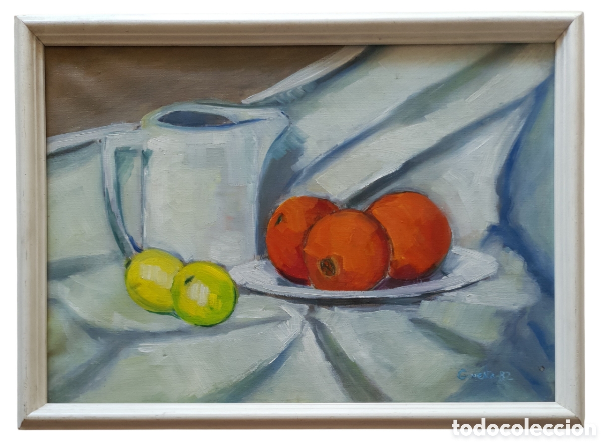 Arte: Bodeg&oacute;n con jarra y frutas - Firmado Ginesta.Oleo/Tela.