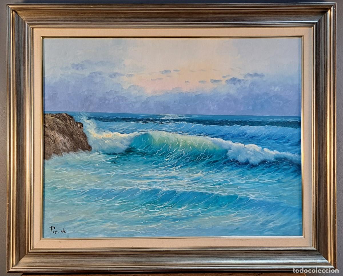 Arte: Gran &Oacute;leo sobre lienzo firmado Payeralls, marina con oleaje, siglo XX