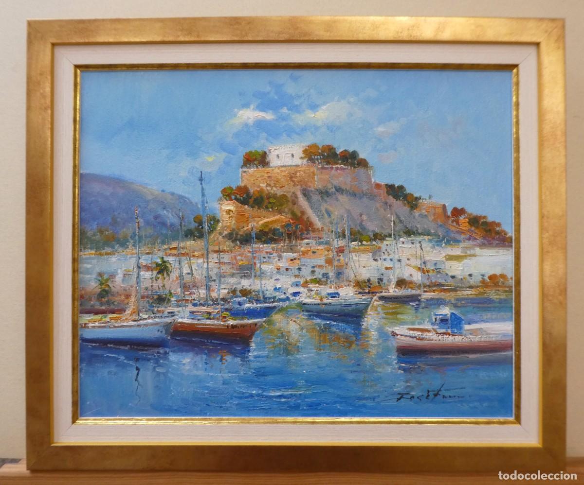 Arte: Oleo con marco del pintor alicantino Jos&eacute; Ferri,vista de Denia, mide 41X33 cm