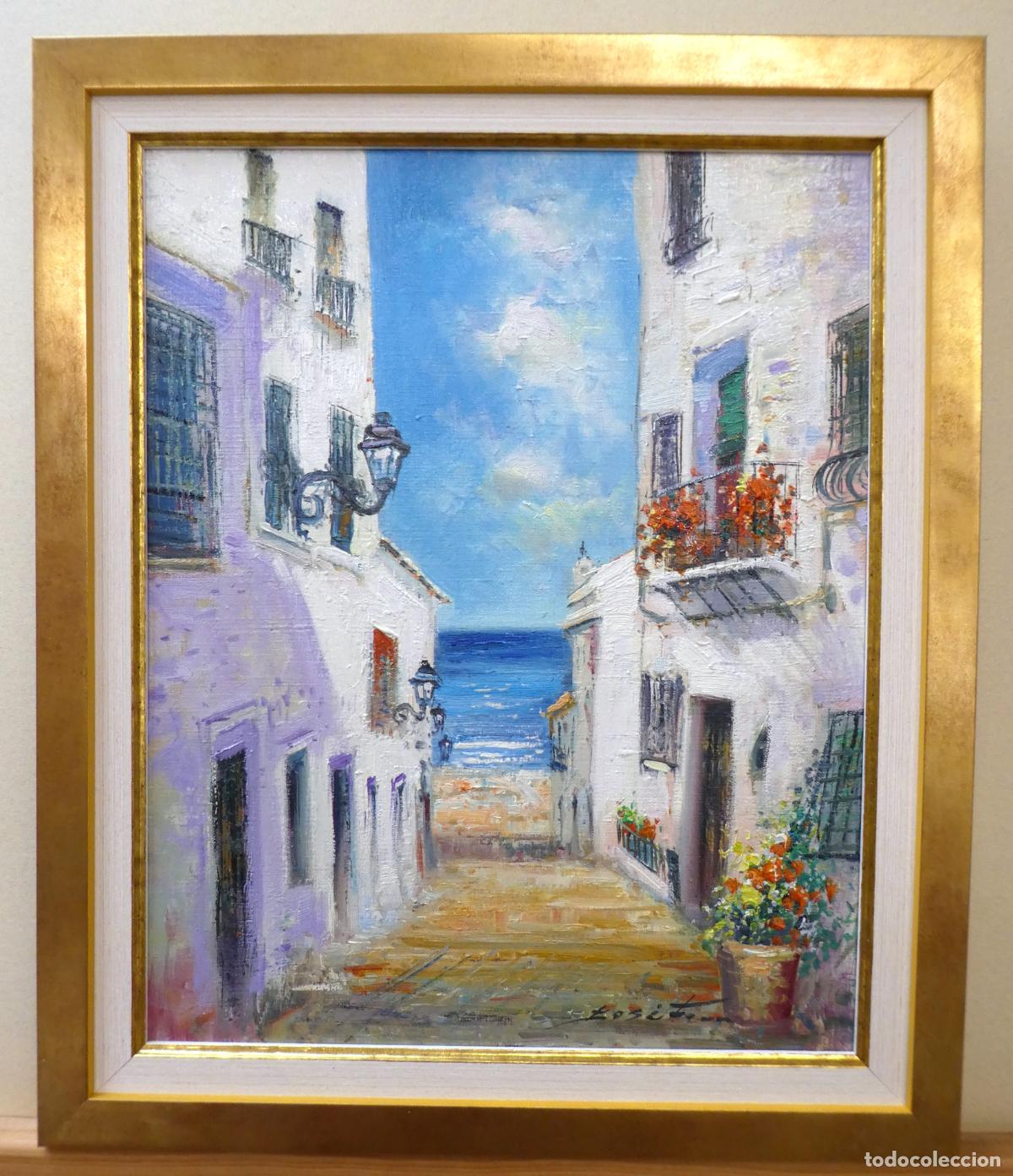 Arte: Oleo con marco del pintor alicantino Jos&eacute; Ferri,vista de una calle de Altea, mide 41X33 cm