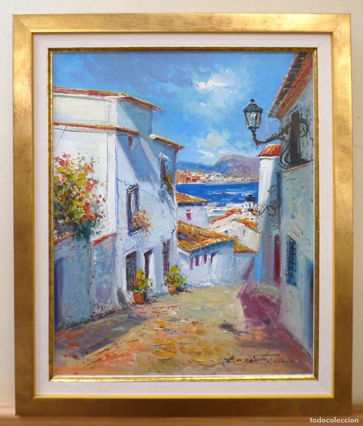Arte: Oleo con marco del pintor alicantino Jos&eacute; Ferri,vista de una calle de Altea, mide 41X33 cm