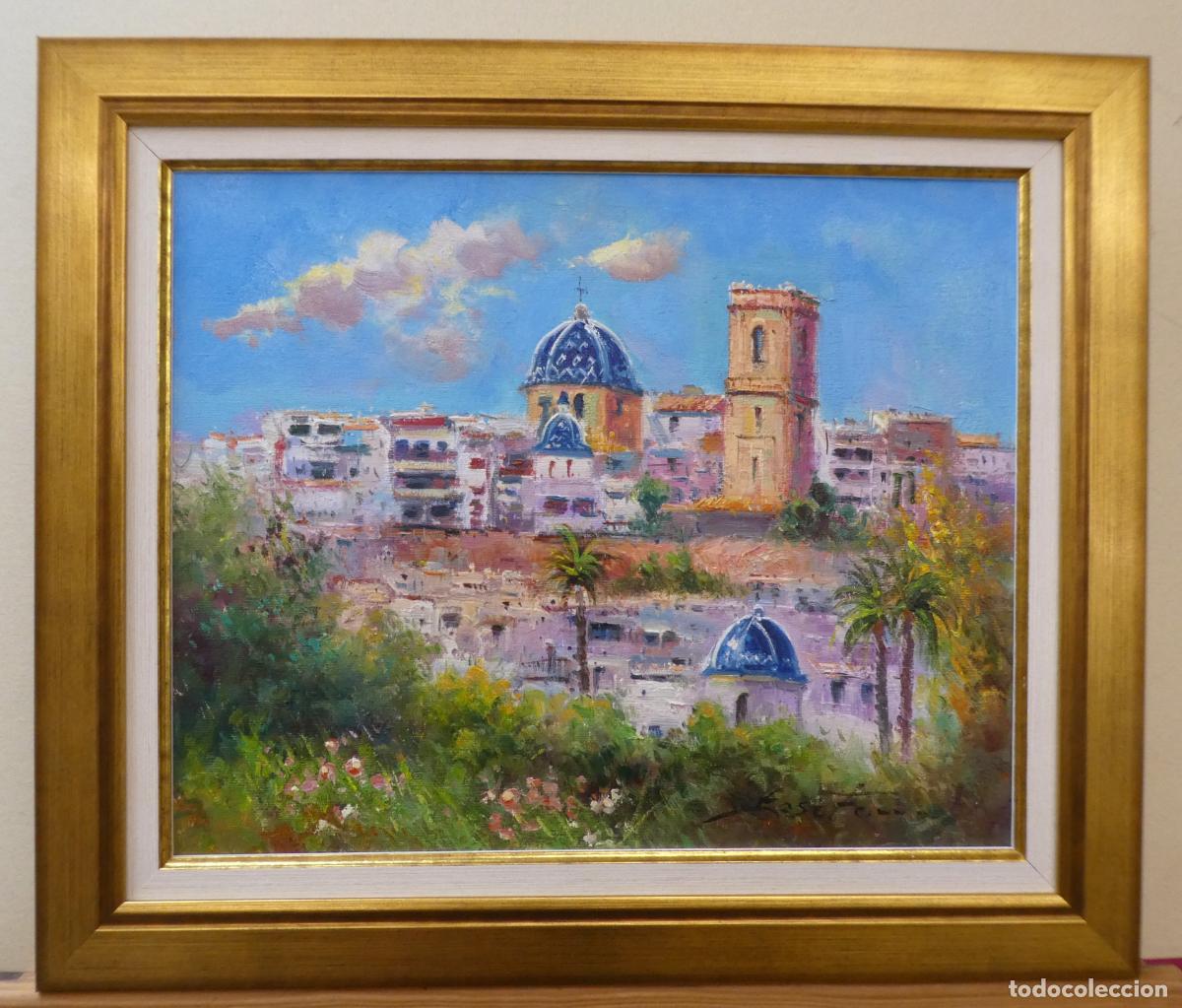 Arte: Oleo con marco del pintor alicantino Jos&eacute; Ferri,vista de una calle de Altea, mide 41X33 cm