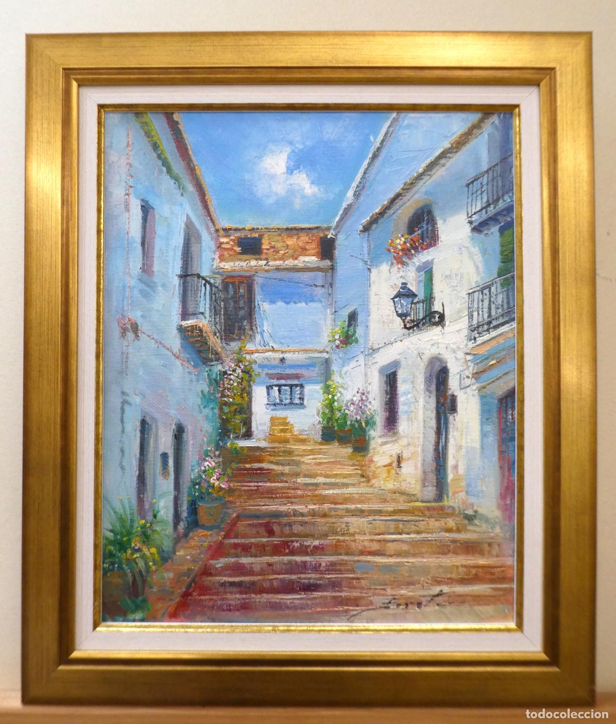 Arte: Oleo con marco del pintor alicantino Jos&eacute; Ferri,vista de una calle de Altea, mide 41X33 cm