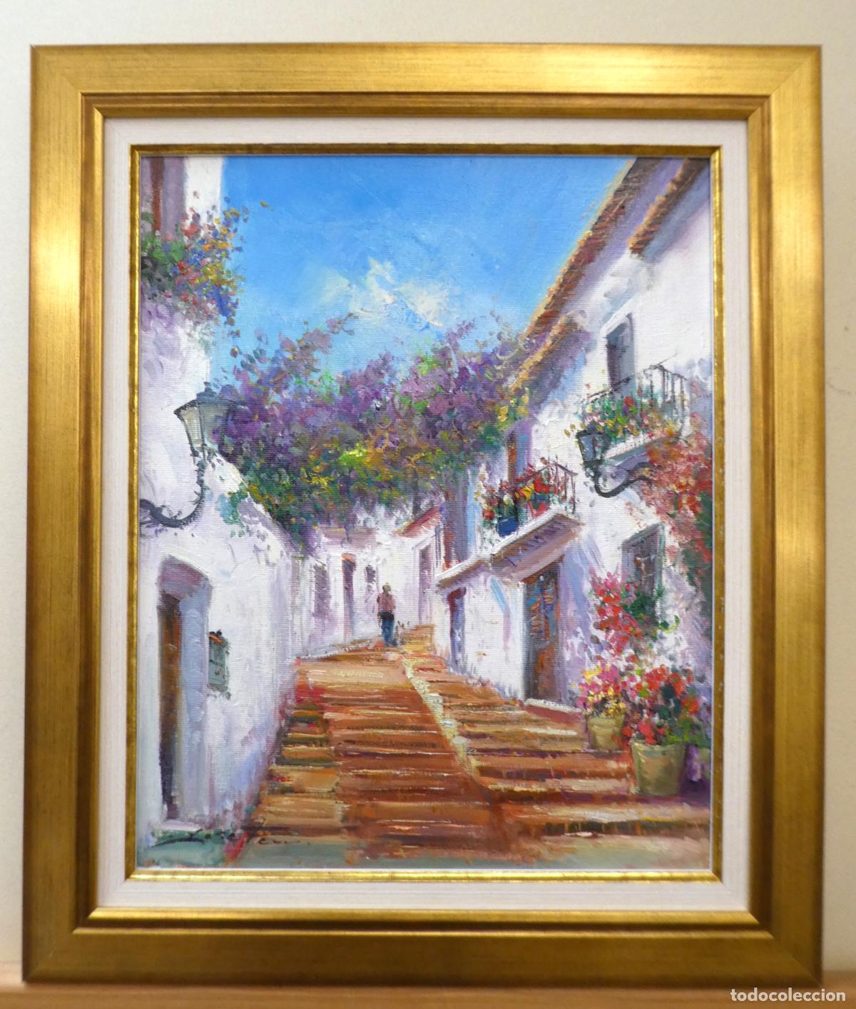 Arte: Oleo con marco del pintor alicantino Jos&eacute; Ferri,vista de una calle de Altea, mide 41X33 cm