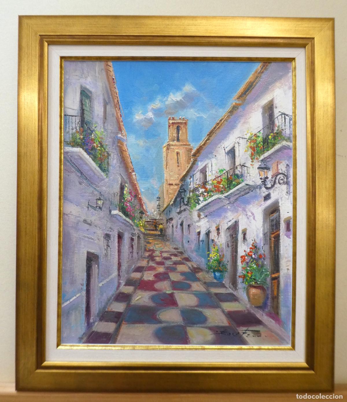 Arte: Oleo con marco del pintor alicantino Jos&eacute; Ferri,vista de una calle de Altea, mide 41X33 cm
